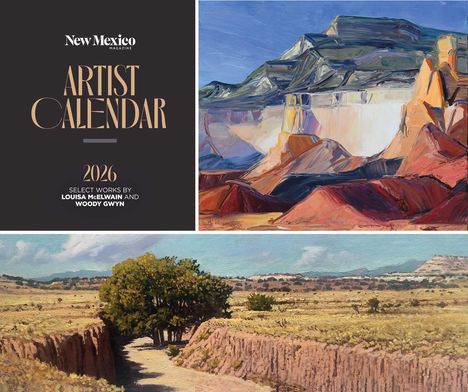 "New Mexico Magazine Artist Calendar 2026: Arbeiten von Louisa McElwain und Woody Gwyn. Zwei Landschaftsgemälde."