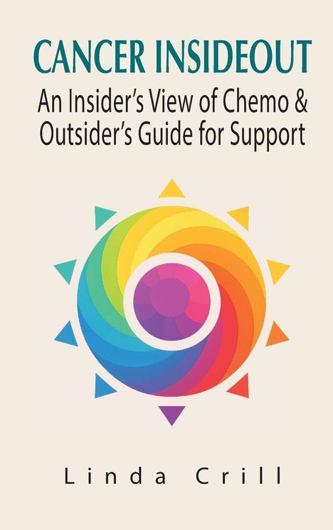 „CANCER INSIDEOUT“ in großen Buchstaben. Darunter: „An Insider’s View of Chemo & Outsider’s Guide for Support“. Name: Linda Crill. Buntes Logo darunter.