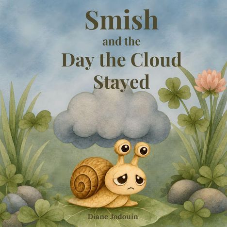 Illustration: Traurige Schnecke mit großen Augen unter einer Wolke, umgeben von Pflanzen. Text: „Smish and the Day the Cloud Stayed“.