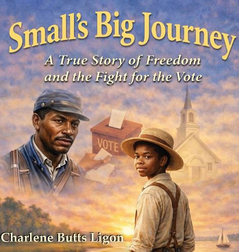 „Small's Big Journey: A True Story of Freedom and the Fight for the Vote“ von Charlene Butts Ligon. Ein Mann und ein Junge vor einer Kirche und einer Wahlurne.
