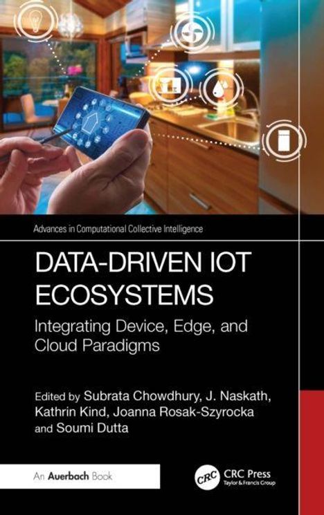 Buchtitel: "DATA-DRIVEN IOT ECOSYSTEMS". Im Hintergrund Hände mit Tablet in moderner Küche.
