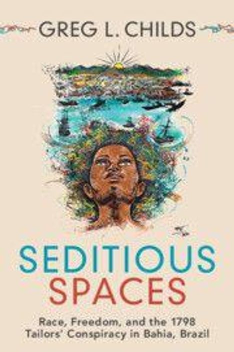 "Seditious Spaces", Greg L. Childs. Illustration eines nachdenklichen Gesichts, darüber eine bunte Landschaft mit Vögeln und Wasser.