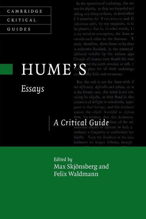 "HUME'S Essays: A Critical Guide" oben in weißem Text auf schwarzem Hintergrund. Unten in Grün: Herausgeber: Max Skjönsberg und Felix Waldmann.