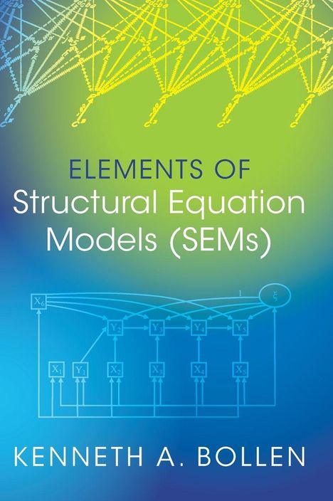 "Elements of Structural Equation Models (SEMs)" von Kenneth A. Bollen. Farbverlauf von Blau zu Grün, Diagramme oben und unten.