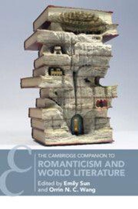 "The Cambridge Companion to Romanticism and World Literature." Buchstapel mit geschnitzten Höhlen und Figuren.