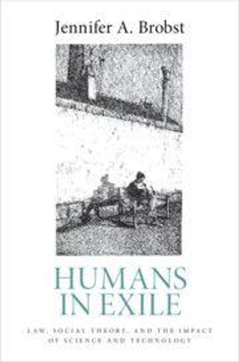 Oben steht "Jennifer A. Brobst". Darunter "HUMANS IN EXILE". Illustration: Zwei Figuren auf einer Bank vor einer Wand.