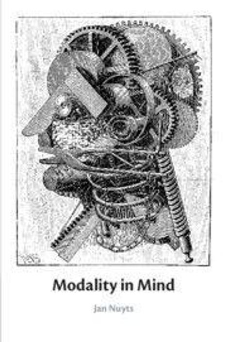 Text: "Modality in Mind", "Jan Nuyts". Illustration eines Kopfes aus Zahnrädern, Schrauben und mechanischen Teilen.