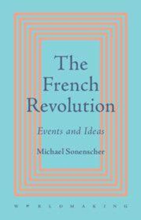"The French Revolution: Events and Ideas, Michael Sonenscher." Geometrisches Muster aus konzentrischen Linien auf hellblauem Hintergrund.