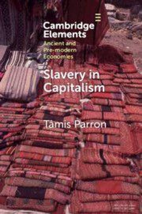 Text: "Cambridge Elements," "Ancient and Pre-modern Economies," "Slavery in Capitalism," "Tamis Parron." Gewebte Decken als Hintergrund.