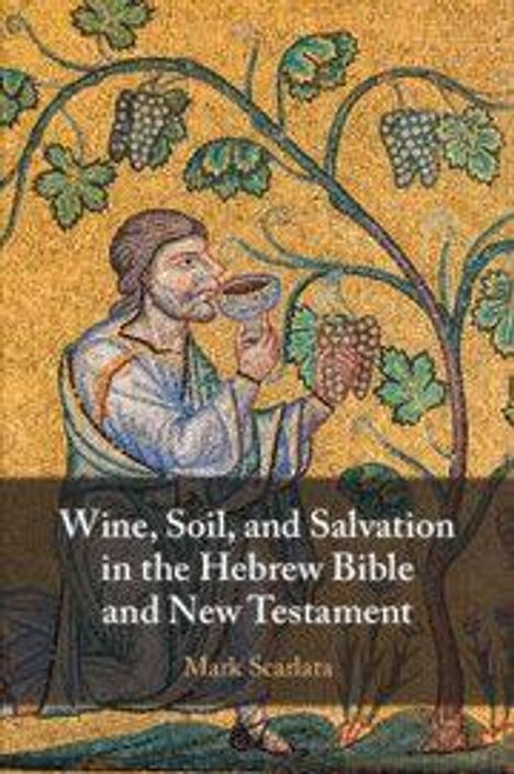 "Wine, Soil, and Salvation in the Hebrew Bible and New Testament" von Mark Scarlata. Eine Illustration zeigt Weinreben und eine Figur, die aus einem Gefäß trinkt.