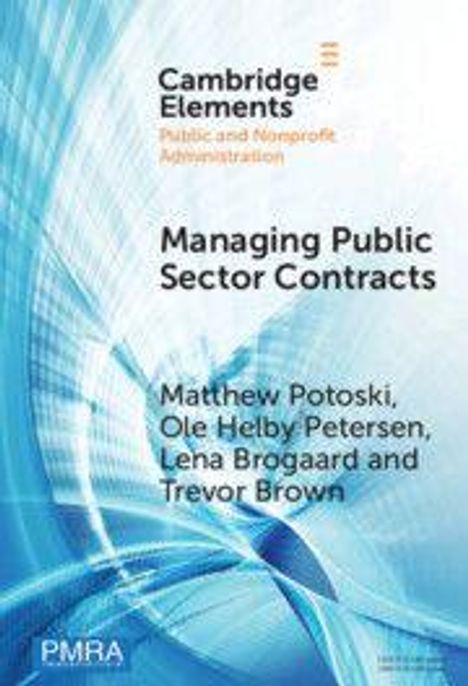 Text: "Cambridge Elements, Managing Public Sector Contracts, Matthew Potoski, Ole Helby Petersen, Lena Brogaard und Trevor Brown." Abstrakte blaue Wellenformen im Hintergrund.
