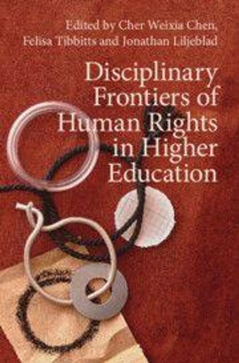 Titel: Disciplinary Frontiers of Human Rights in Higher Education. Abstrakte Kunst mit geometrischen Formen auf rotem Hintergrund.
