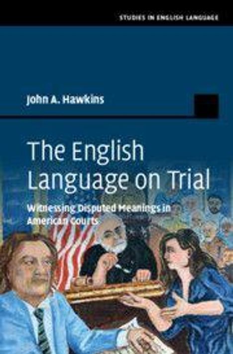 Ein Buchcover zeigt den Titel "The English Language on Trial" von John A. Hawkins. Eine Zeichnung zeigt eine Gerichtsszene.