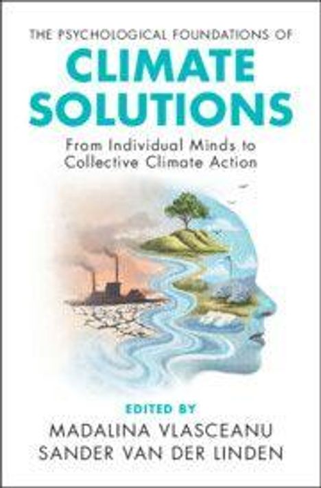 "The Psychological Foundations of Climate Solutions" oben. Eine Illustration zeigt eine Landschaft in einem Kopf, teils industriell, teils grün.