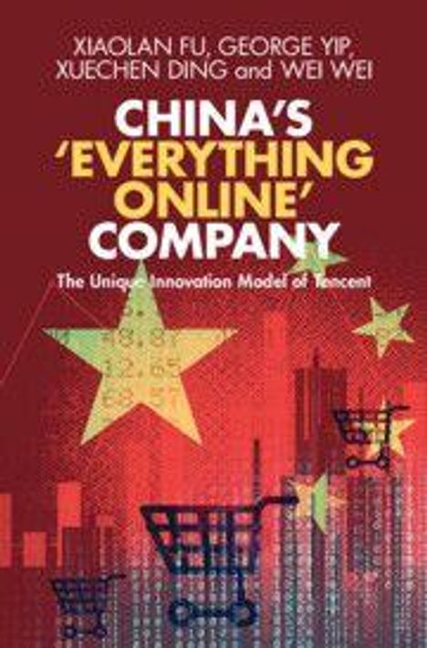 "China's 'Everything Online' Company: The Unique Innovation Model of Tencent" in großen Buchstaben, Einkaufswagen-Symbole, rote Sterne.