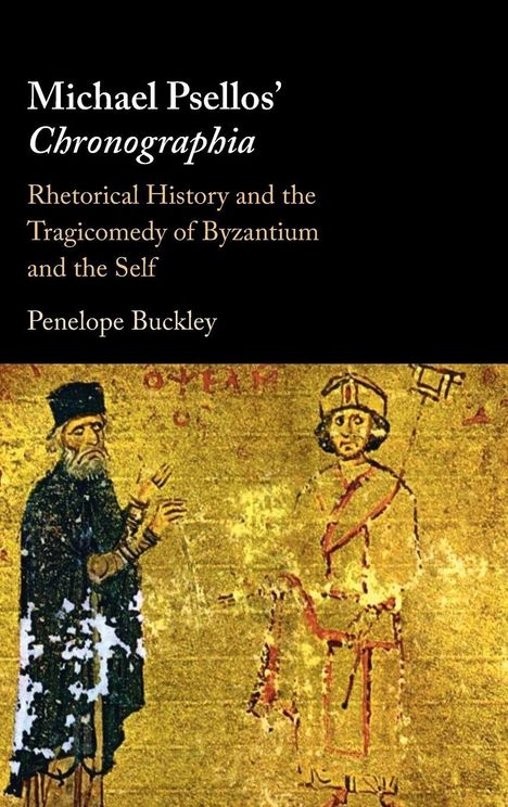 Oben steht: "Michael Psellos’ Chronographia". Darunter figürliche Darstellung zweier Menschen in byzantinischer Kleidung.