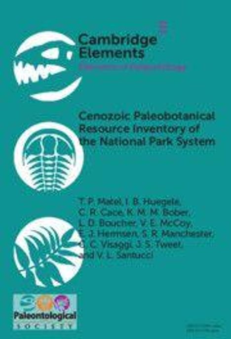 "Cenozoic Paleobotanical Resource Inventory of the National Park System." Fossil- und Pflanzenlogos, türkiser Hintergrund.