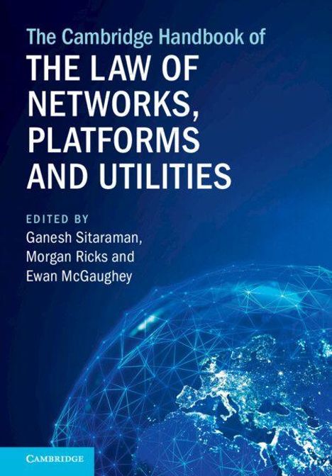 "The Cambridge Handbook of the Law of Networks, Platforms and Utilities." Blauer Hintergrund mit einem Netzwerkmuster.