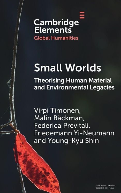 Text: "Cambridge Elements. Global Humanities. Small Worlds. Theorising Human Material and Environmental Legacies."  
Abbildung eines roten Blattes.