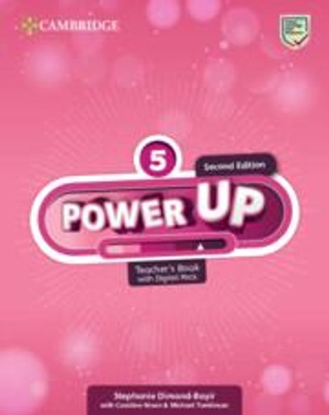 "5 Power Up, Second Edition, Teacher's Book with Project Work." Rosa Hintergrund mit Logo oben links.