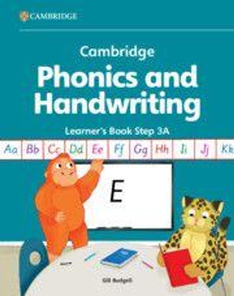 Titel: Cambridge Phonics and Handwriting. Unten zwei Tiere, eines orange, eines leopardengemustert, schreiben an einem Tisch.