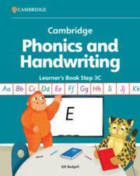 "Cambridge Phonics and Handwriting, Learner's Book Step 3C. Ein Dino und ein Leopard sitzen an einem Tisch, Buchstaben-Vorlagen."