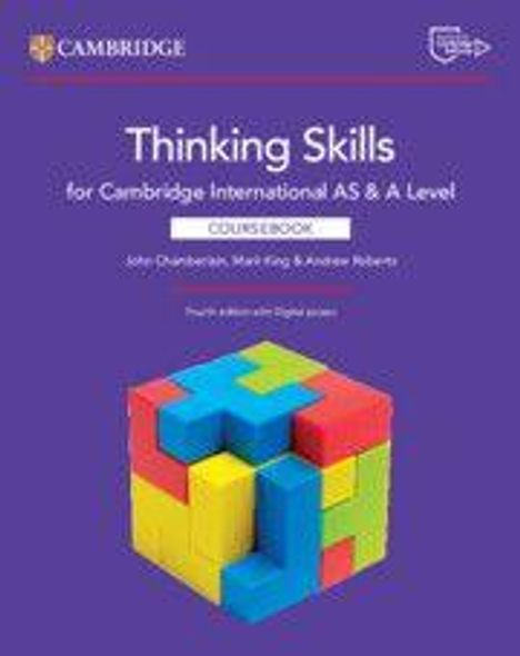 "Thinking Skills for Cambridge International AS & A Level" steht über einem bunten, abstrakten Würfel-Design.