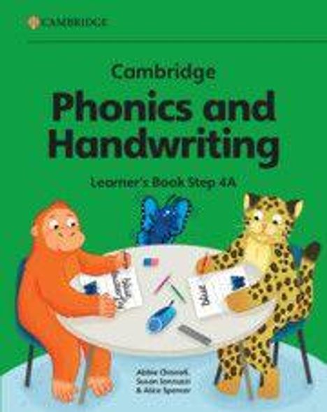 "Cambridge Phonics and Handwriting Learner’s Book Step 4A". Ein Affe und ein Leopard sitzen an einem Tisch und schreiben.