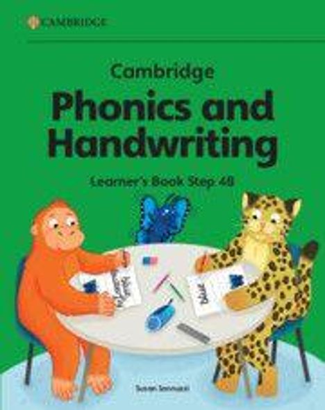 Text: "Cambridge Phonics and Handwriting Learner's Book Step 4B." Illustration: Ein Affe und ein Leopard malen an einem Tisch.