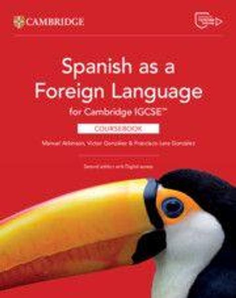 „Spanish as a Foreign Language“, Cambridge IGCSE Kursbuch. Illustration mit Tucan auf rotem Hintergrund.