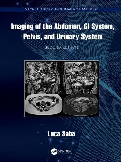 "Imaging of the Abdomen, GI System, Pelvis, and Urinary System, Second Edition, Luca Saba." MRI-Bilder und blauer Hintergrund.