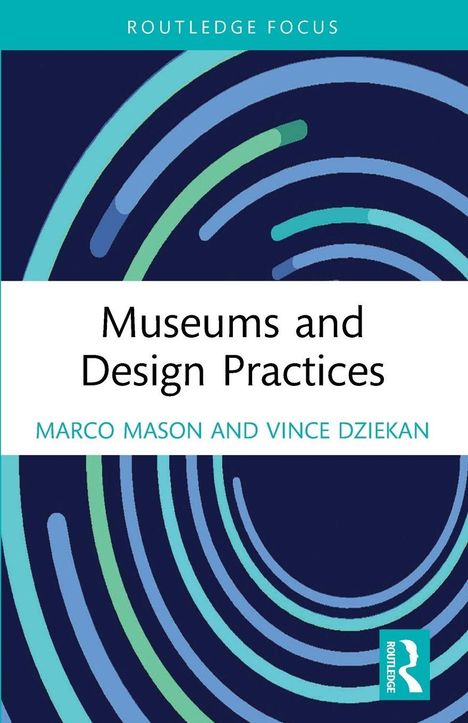 „Routledge Focus“ oben, „Museums and Design Practices“ zentral. Blau-grüne Kreise auf dunkelblauem Hintergrund.
