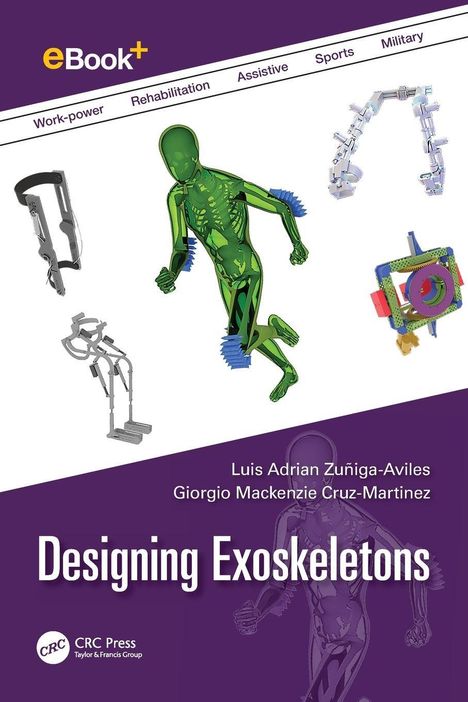 Gestaltung eines Exoskeletts, oben Begriffe wie "Work-power", unten Autoren, Illustration eines grünen menschlichen Körpers.