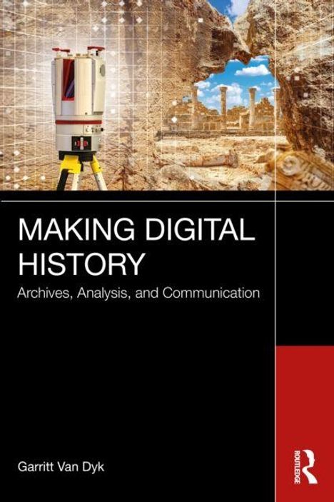 „MAKING DIGITAL HISTORY: Archives, Analysis, and Communication.“ Ein Scanner steht vor antiken Ruinen, blauem Himmel.