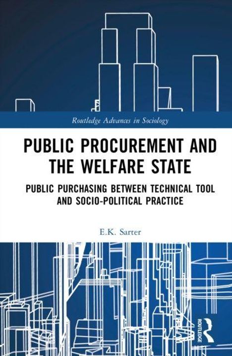 "PUBLIC PROCUREMENT AND THE WELFARE STATE" steht im Mittelpunkt, darunter ist ein urbanes Architekturmotiv mit Linien.