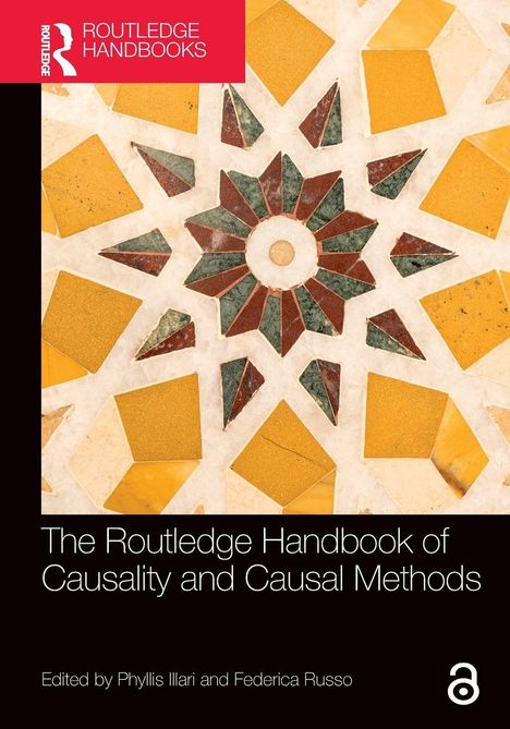 „The Routledge Handbook of Causality“ steht unter geometrischen Mosaikformen in Gelb, Rot und Grün.