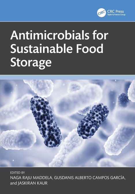 „Antimicrobials for Sustainable Food Storage“, blau-schwarz. Mikroskopische Bakterien in Blau- und Weißtönen.
