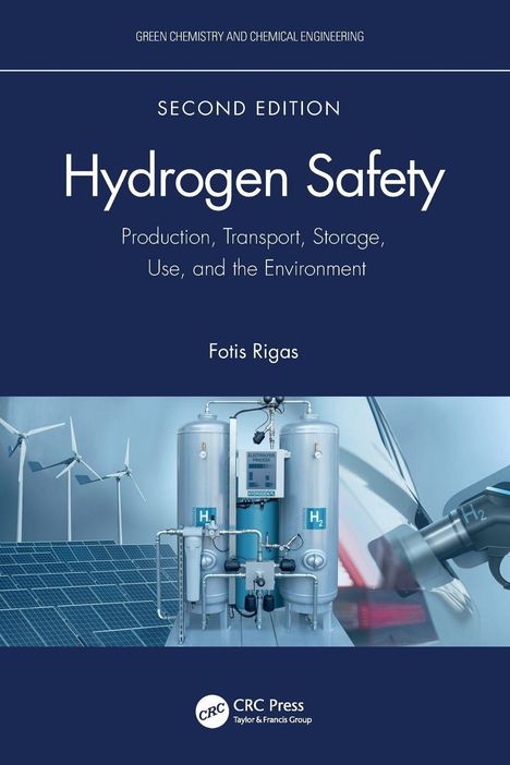 "Hydrogen Safety, Production, Transport, Storage, Use, and the Environment" steht über einer Zeichnung mit Windrädern und Tanks.
