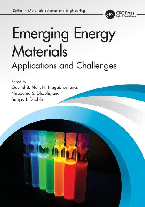 "Emerging Energy Materials: Applications and Challenges." Herausgeber sind Govind B. Nair et al. Unten leuchtende Reagenzgläser.