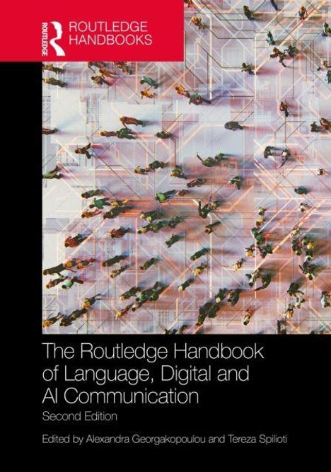 "Routledge Handbooks" steht in Weiß auf rotem Hintergrund. Menschen von oben gesehen, bewegen sich dynamisch auf einem Netz.