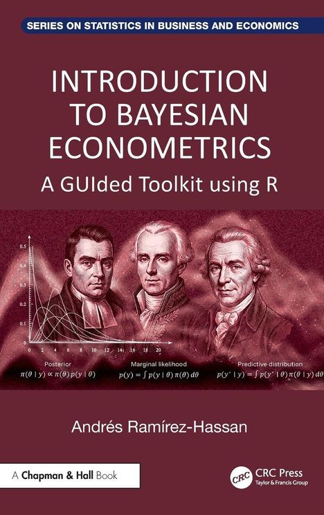 Titel: "Introduction to Bayesian Econometrics: A GUIded Toolkit using R". Drei Porträts über wissenschaftlichem Hintergrund.