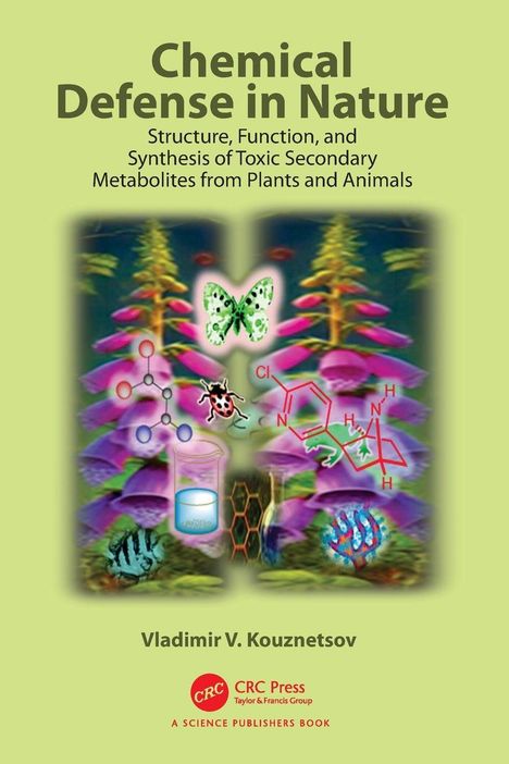 "Chemical Defense in Nature" und "Vladimir V. Kouznetsov" auf hellgrünem Hintergrund, mit Pflanzen und molekularen Symbolen.
