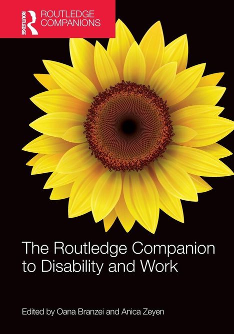 "The Routledge Companion to Disability and Work" steht auf schwarzem Hintergrund, eine große Sonnenblume ziert das Design.