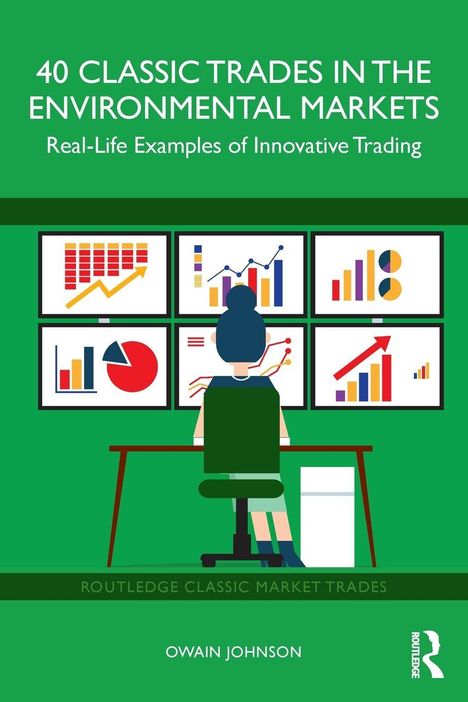 "40 Classic Trades in the Environmental Markets" oben, Person vor Bildschirmen mit Diagrammen, darunter "Owain Johnson".