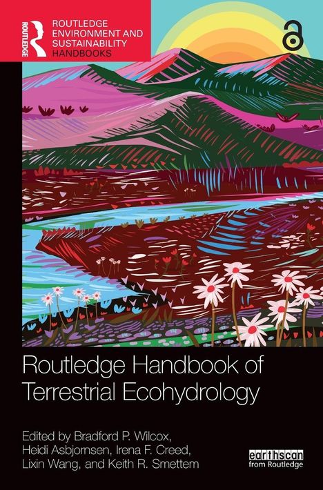 "Routledge Handbook of Terrestrial Ecohydrology" zeigt eine bunte Landschaftsillustration mit Sonne und Pflanzen.
