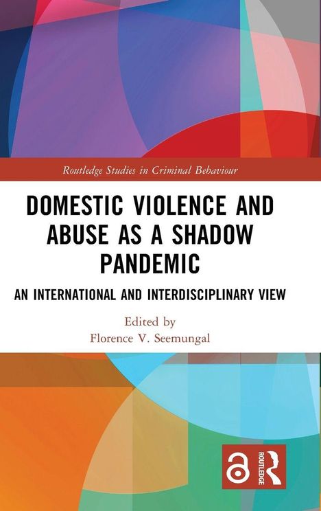 "Domestic Violence and Abuse as a Shadow Pandemic" auf abstraktem Hintergrund in Rot- und Blautönen.