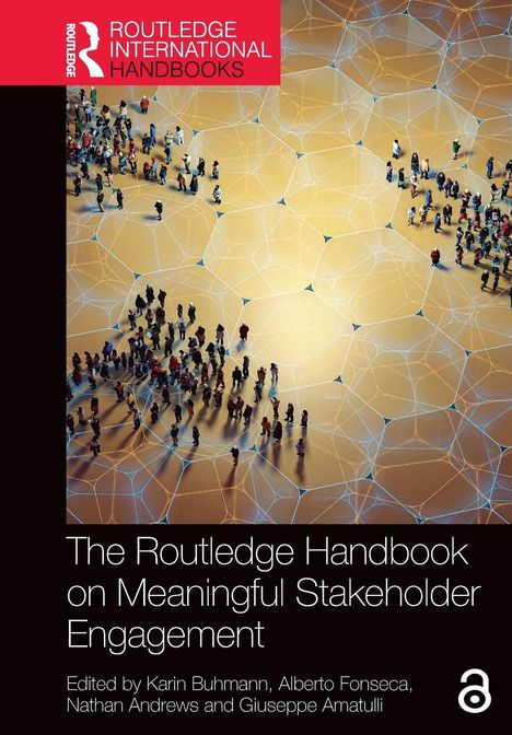 "The Routledge Handbook on Meaningful Stakeholder Engagement" zeigt Gruppen von Menschen auf einem netzwerkartigen Boden.