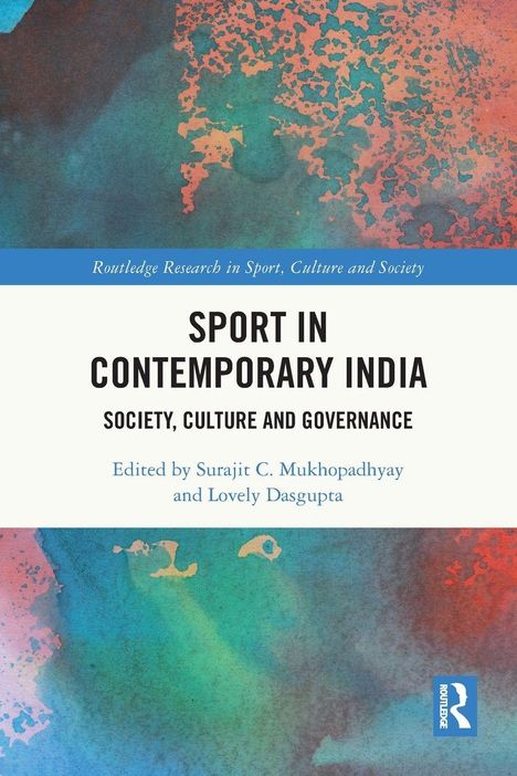 "SORT IN CONTEMPORARY INDIA" in fetten Buchstaben, mit buntem, abstraktem Hintergrund in Blau- und Rottönen.