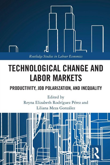 "Technological Change and Labor Markets", Fokus auf Produktivität, Jobpolarisation, Ungleichheit. Liniengrafik von Gebäuden.