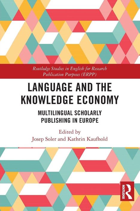 „Language and the Knowledge Economy“ steht in der Mitte. Bunter geometrischer Hintergrund mit Dreiecken und Quadraten.